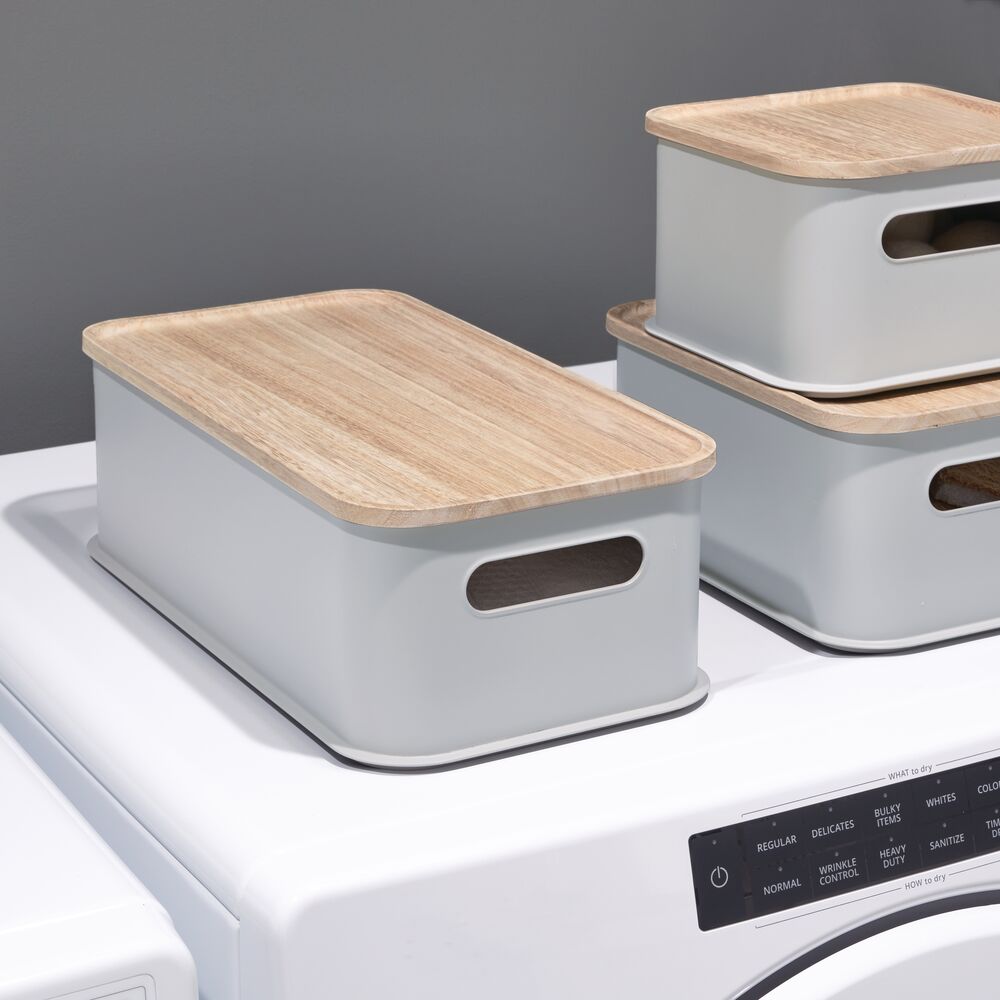 iDesign Eco BPA-Free Plastic Medium Lidded Bin with Handles. Wood/Gray - Image 5