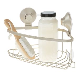 iDesign Everett Push Lock Shower Suction Corner Basket in Satin