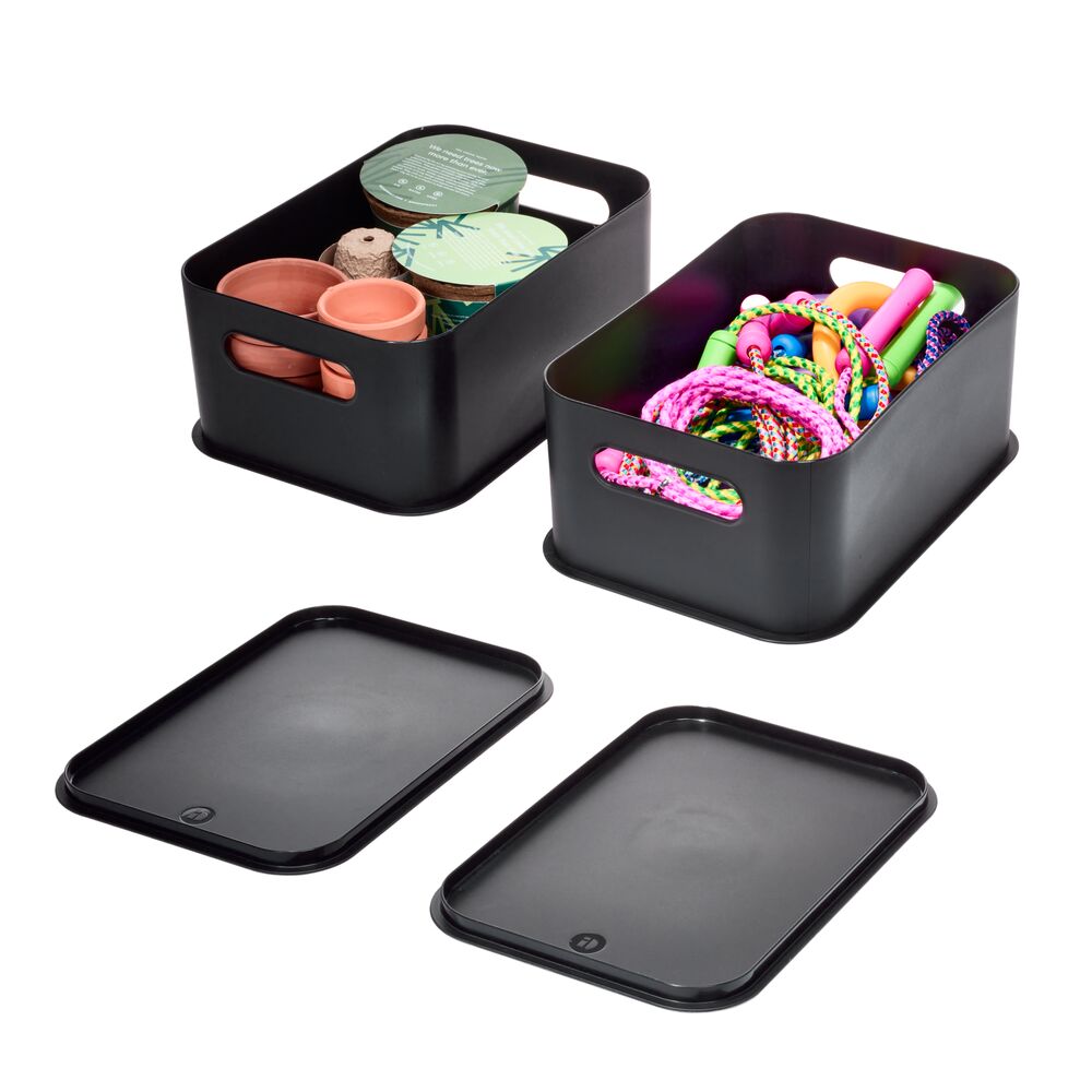 iDesign Eco Garage Storage Handled Bins with Lid. Made from Recycled Plastic - Set of 2. Matte Black - Image 2