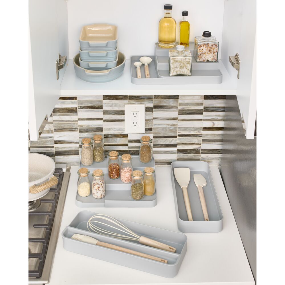 iDesign Eco BPA-Free Recycled Plastic Expandable 3-Tier Stadium Spice Rack with Side Caddy. Flint - Image 5