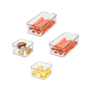 iDesign 4-Piece Recycled Plastic Refrigerator Organizer Bin Set with Lids. Clear/White