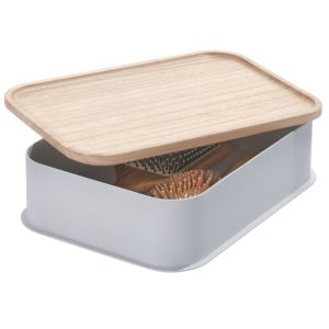 iDesign BPA-Free Recycled Plastic Medium Bin Paulownia Wood. Gray