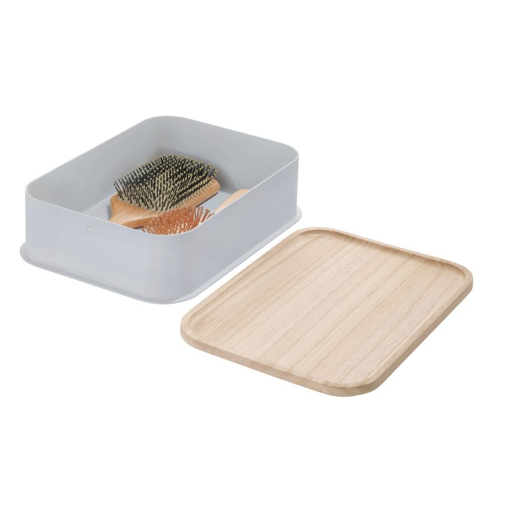 iDesign BPA-Free Recycled Plastic Medium Bin Paulownia Wood. Gray - Image 4