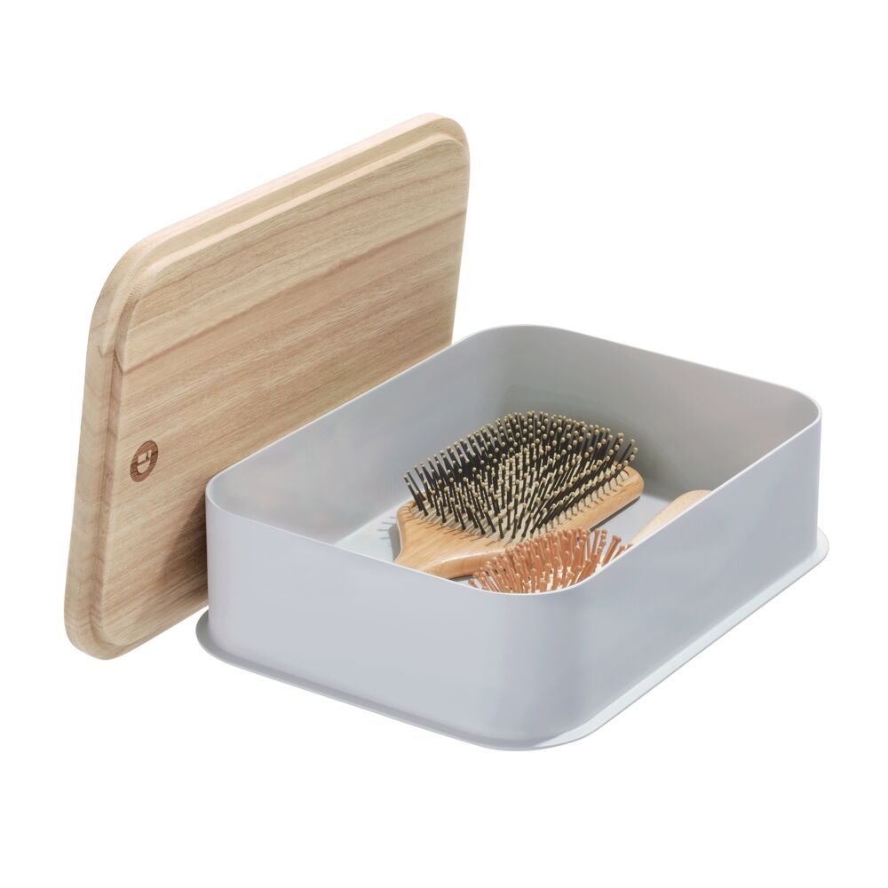 iDesign BPA-Free Recycled Plastic Medium Bin Paulownia Wood. Gray - Image 5