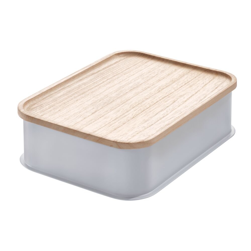 iDesign BPA-Free Recycled Plastic Medium Bin Paulownia Wood. Gray - Image 2