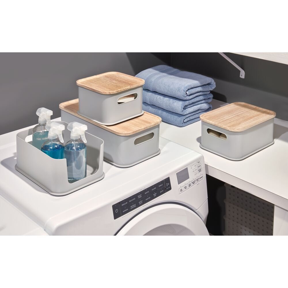 iDesign BPA-Free Recycled Plastic Medium Bin Paulownia Wood. Gray - Image 6