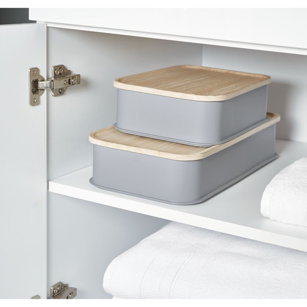 iDesign BPA-Free Recycled Plastic Medium Bin Paulownia Wood. Gray - Image 3