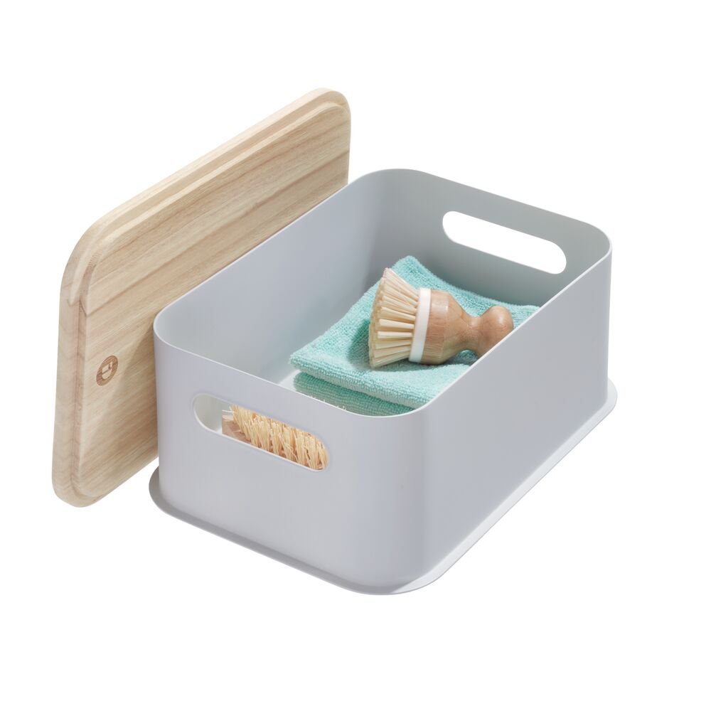 iDesign Eco BPA-Free Plastic Medium Lidded Bin with Handles. Wood/Gray