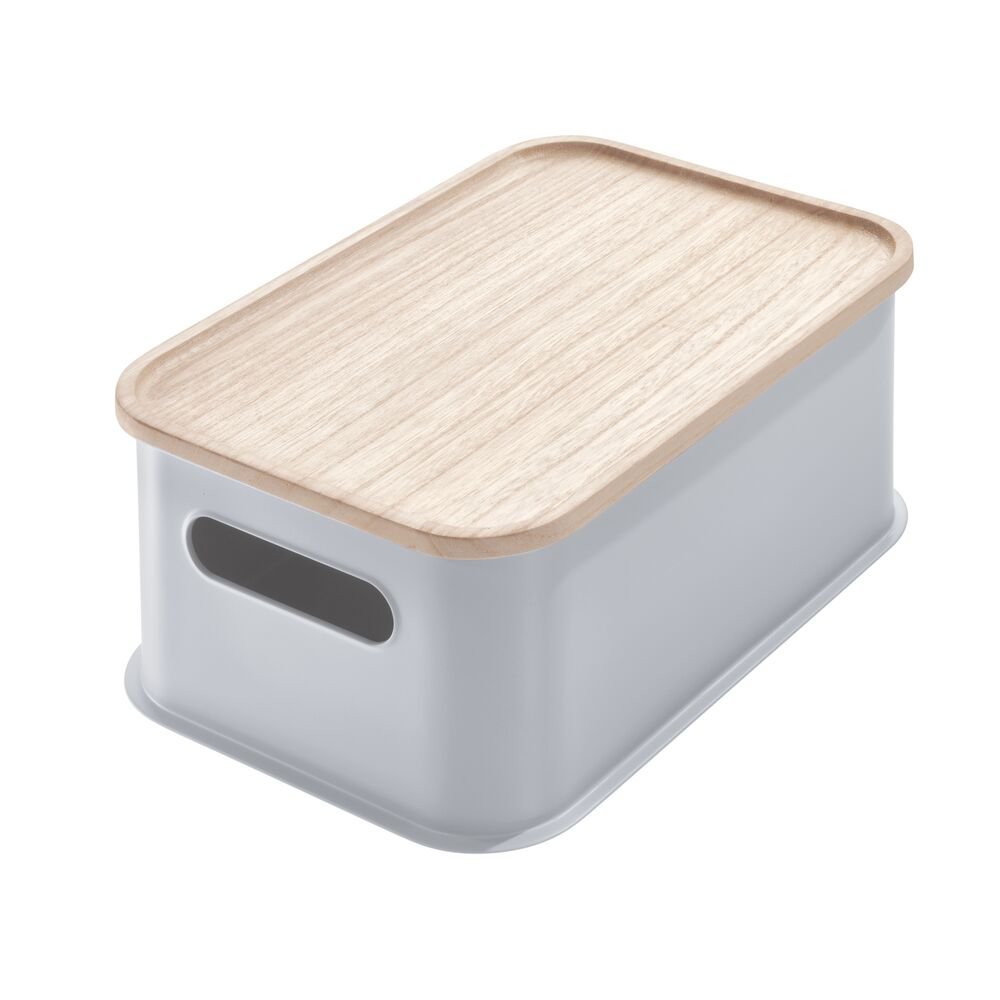 iDesign Eco BPA-Free Plastic Medium Lidded Bin with Handles. Wood/Gray - Image 2