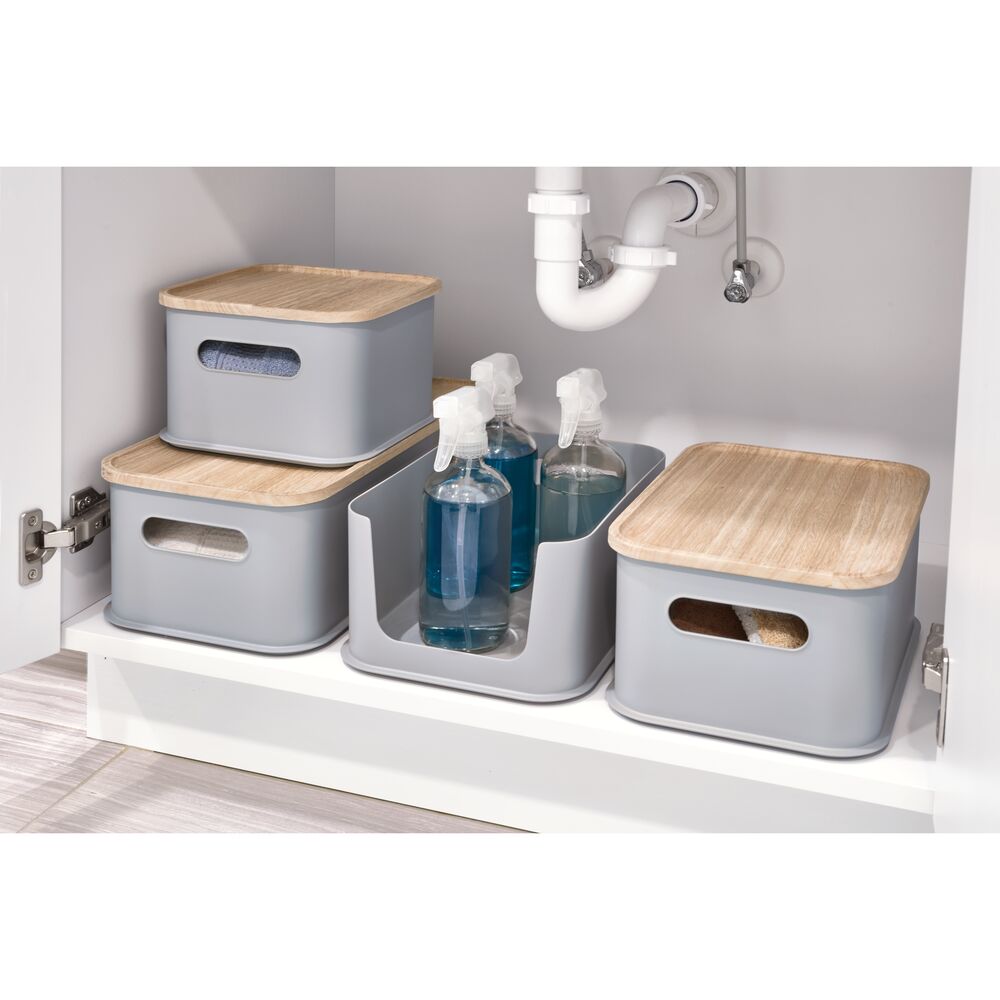 iDesign Eco BPA-Free Plastic Medium Lidded Bin with Handles. Wood/Gray - Image 4
