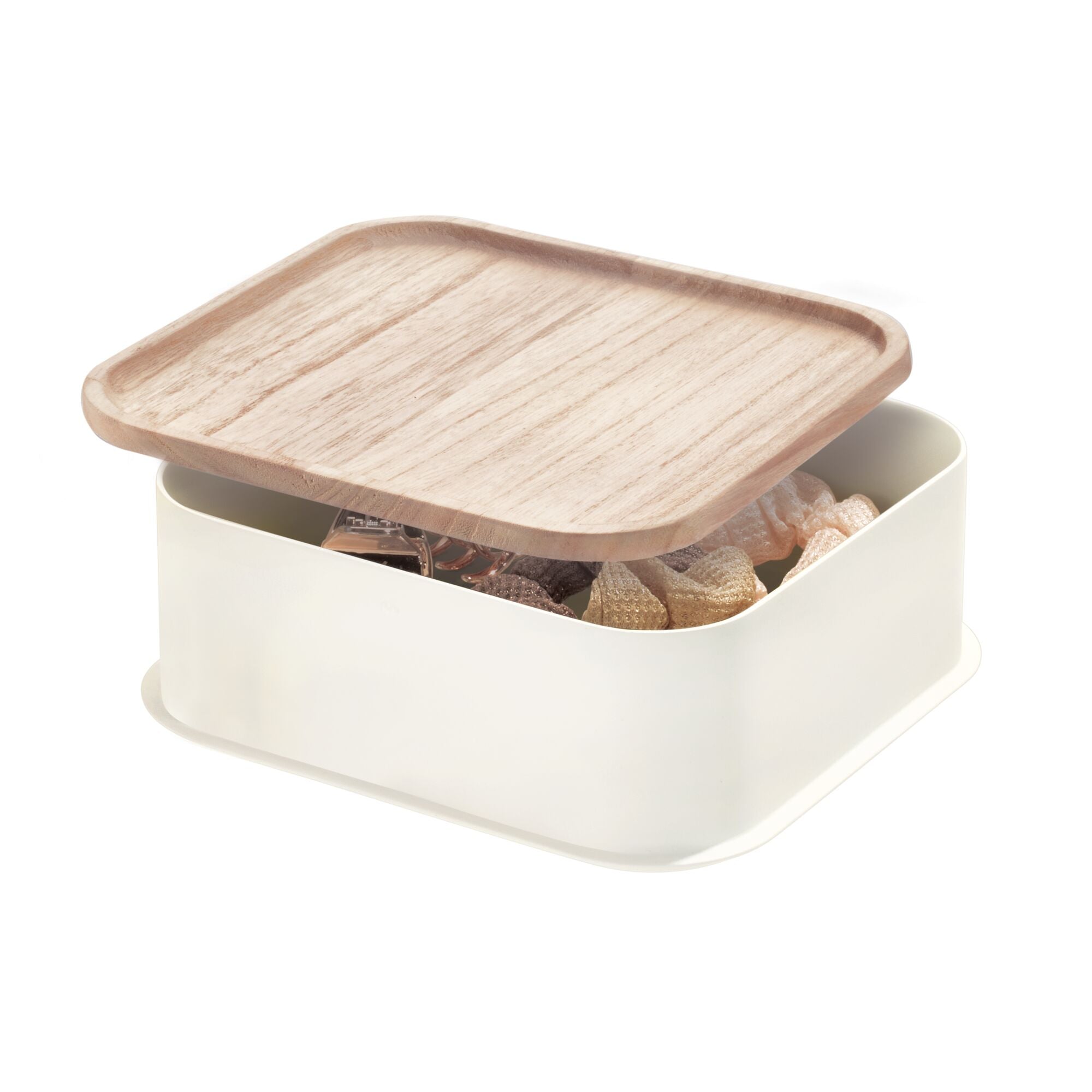 iDesign Eco BPA-Free Plastic Medium Lidded Storage Bin. Coconut/Wood - Image 2