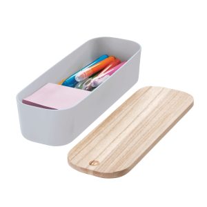 iDesign Eco BPA-Free Recycled Plastic 10.8 Compact Bin with Paulownia Wood Lid. Gray
