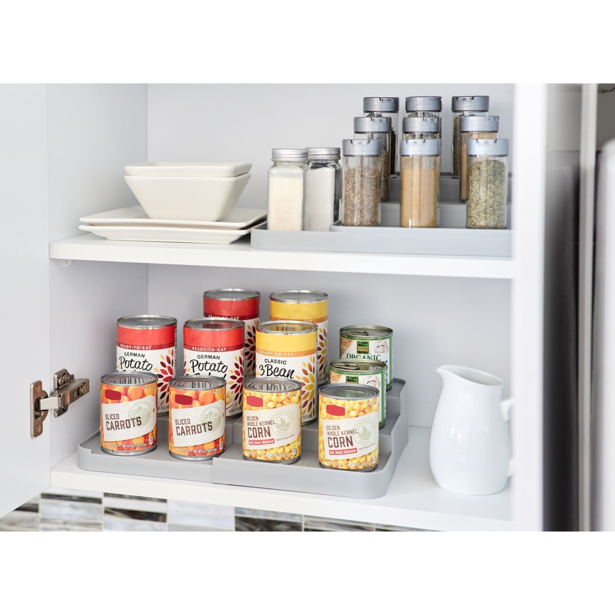 iDesign Eco BPA-Free Recycled Plastic Expandable 3-Tier Stadium Spice Rack with Side Caddy. Flint - Image 2