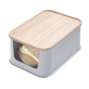 iDesign Eco BPA-Free Recycled Plastic Medium Open-Front Storage Bin with Paulownia Wood Lid. Gray