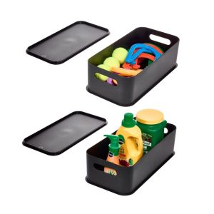iDesign Eco Garage Storage Handled Bins with Lid. Made from  Recycled Plastic - Set of 2. Matte Black