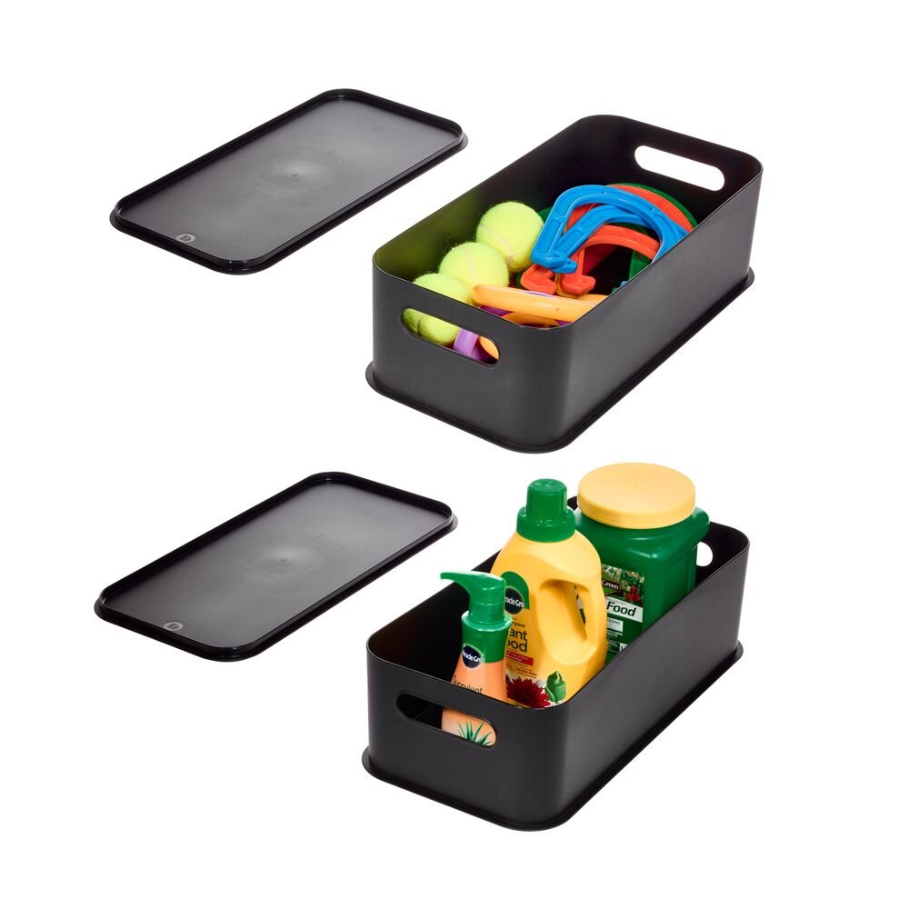 iDesign Eco Garage Storage Handled Bins with Lid. Made from Recycled Plastic - Set of 2. Matte Black