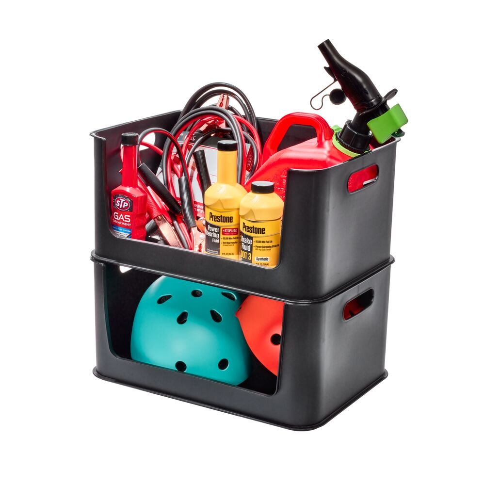 iDesign Eco Garage Storage Open Front Stackable Bins .Made from Recycled Plastic. Set of 2. Matte Black