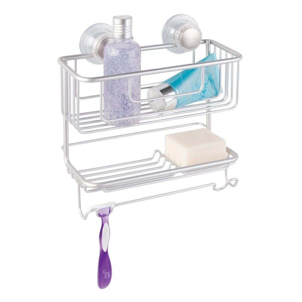 iDesign Metro Aluminum Turn-N-Lock 2-Tier Combo Suction Basket. Silver