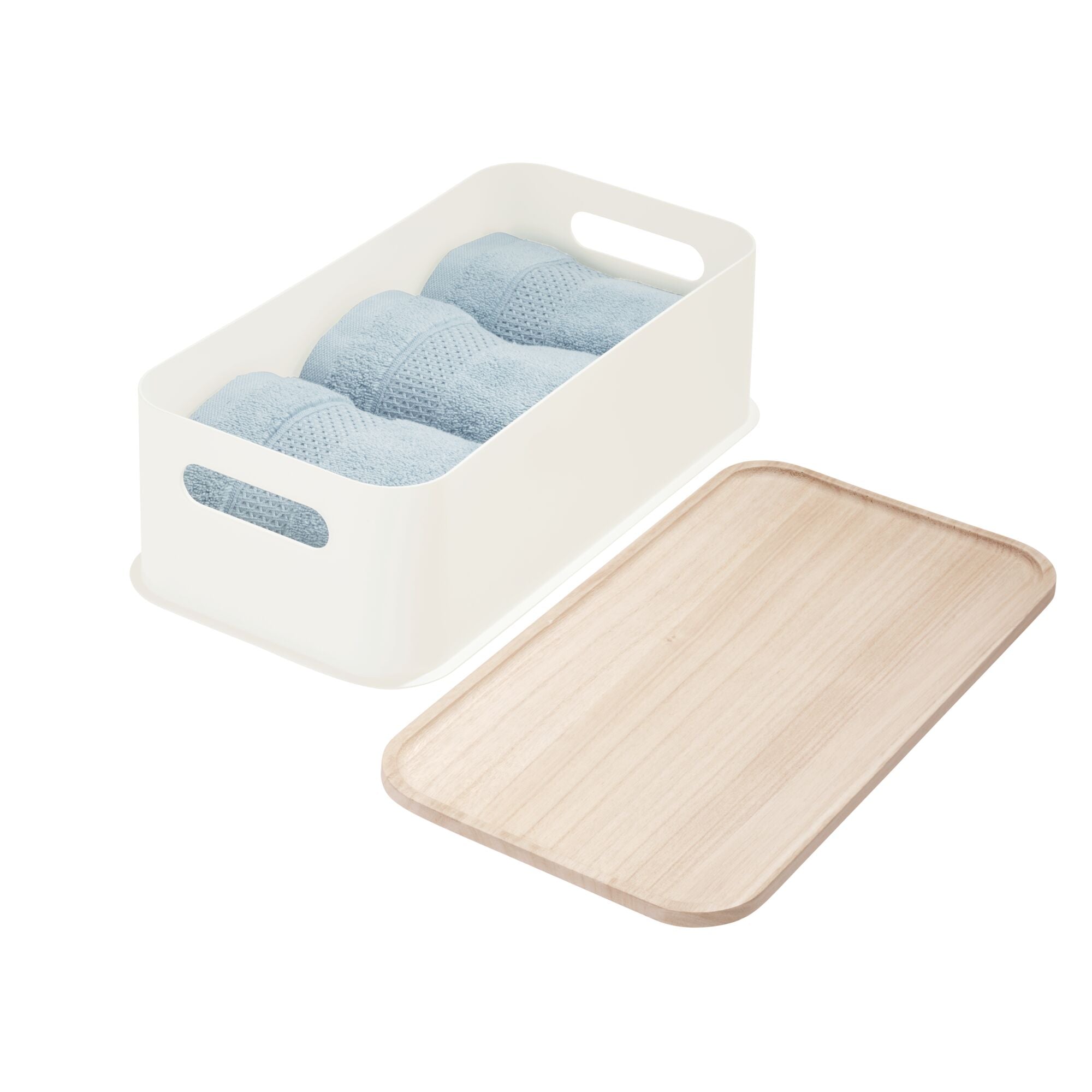 iDesign Plastic Medium Lidded Storage Bin with Handles. Wood/Coconut - Image 8
