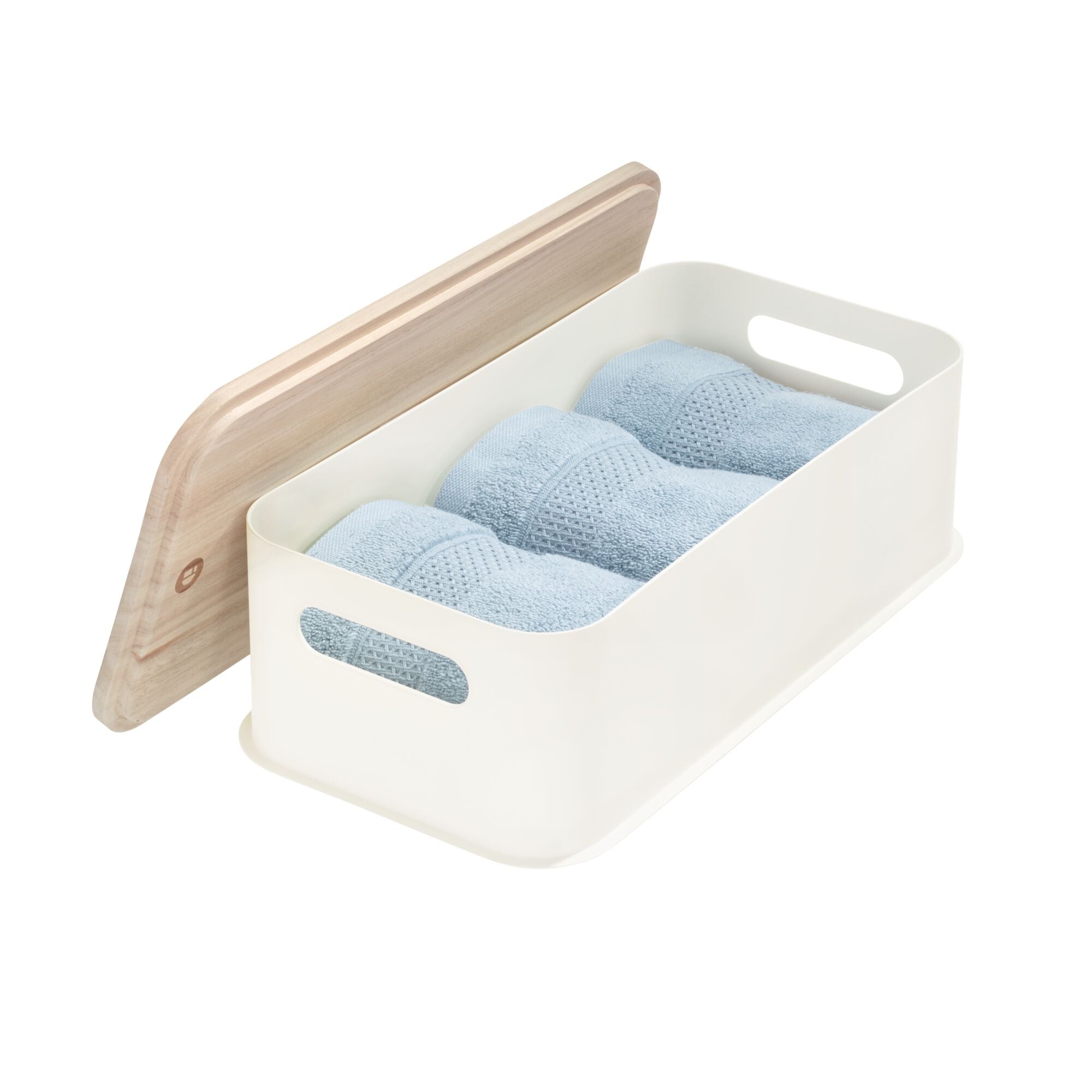 iDesign Plastic Medium Lidded Storage Bin with Handles. Wood/Coconut - Image 7