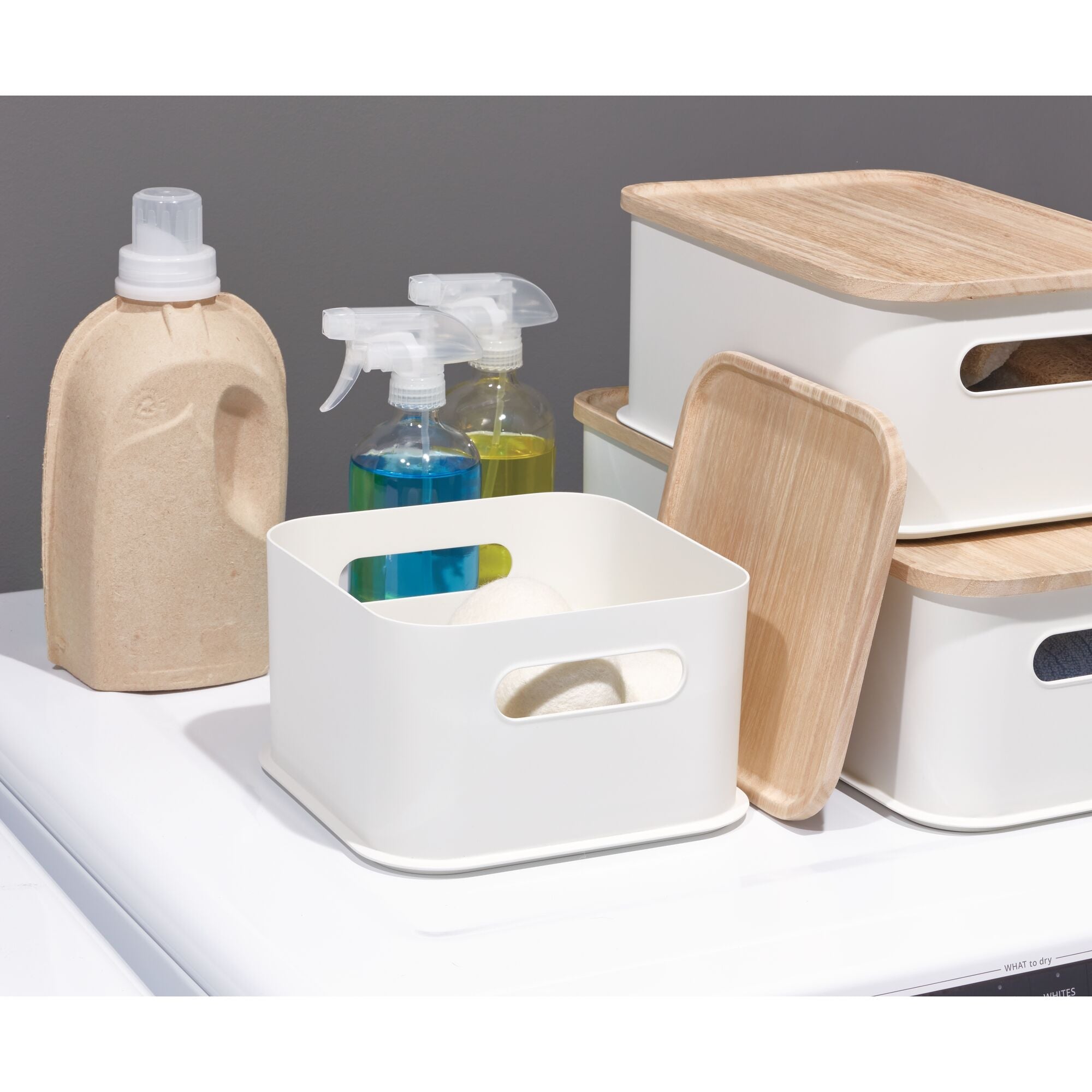 iDesign Plastic Medium Lidded Storage Bin with Handles. Wood/Coconut - Image 6