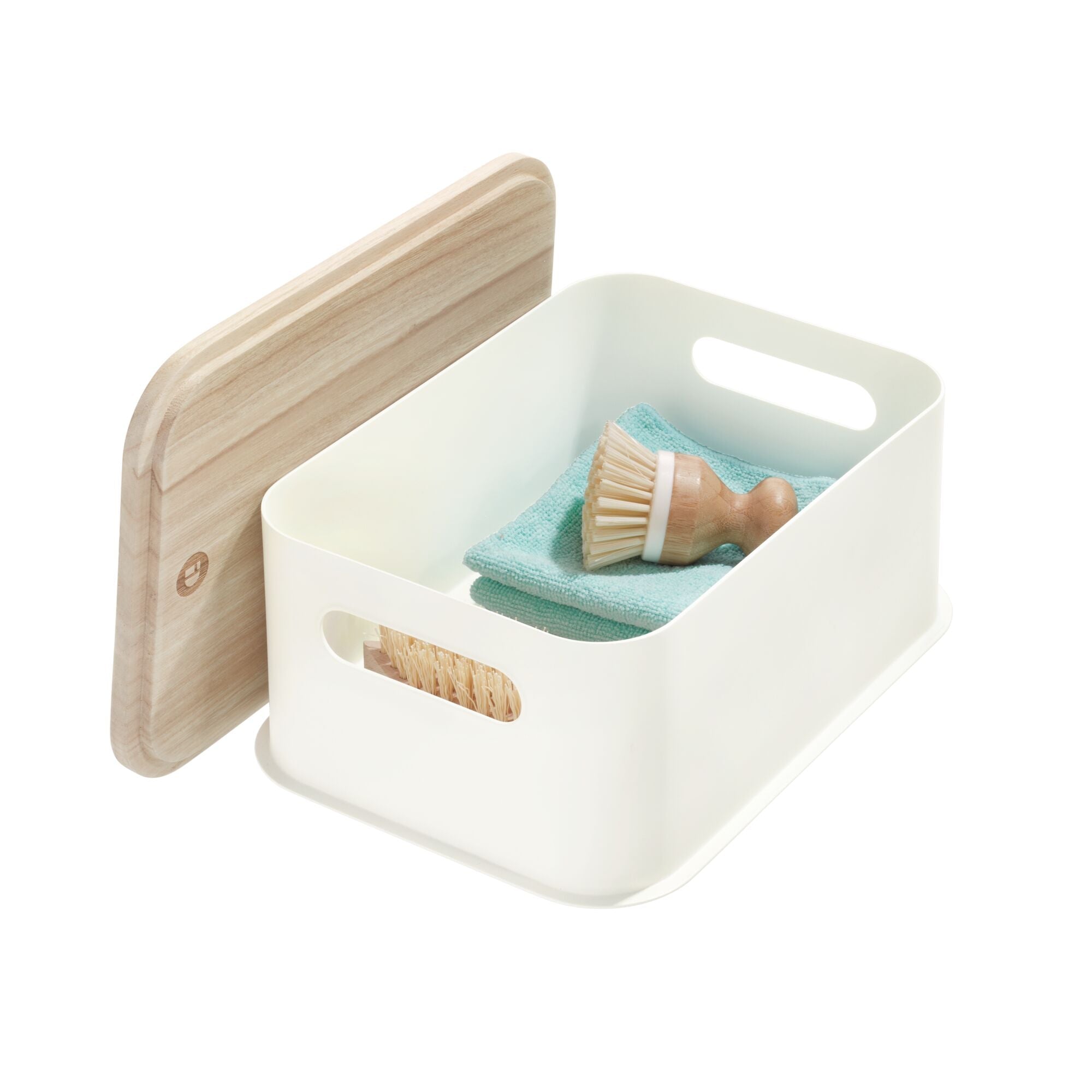 iDesign Plastic Medium Lidded Storage Bin with Handles. Wood/Coconut - Image 2