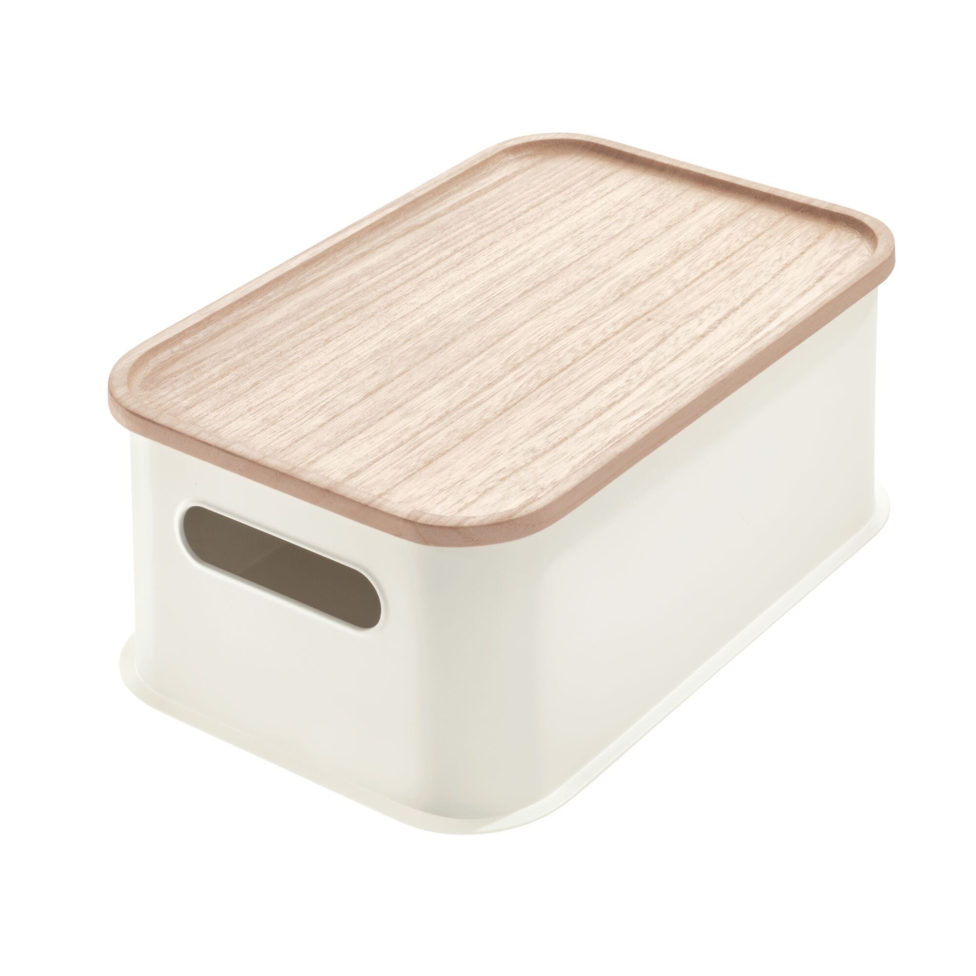 iDesign Plastic Medium Lidded Storage Bin with Handles. Wood/Coconut - Image 4