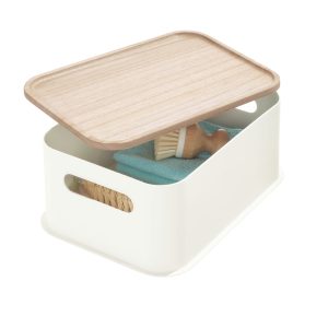 iDesign Plastic Medium Lidded Storage Bin with Handles. Wood/Coconut