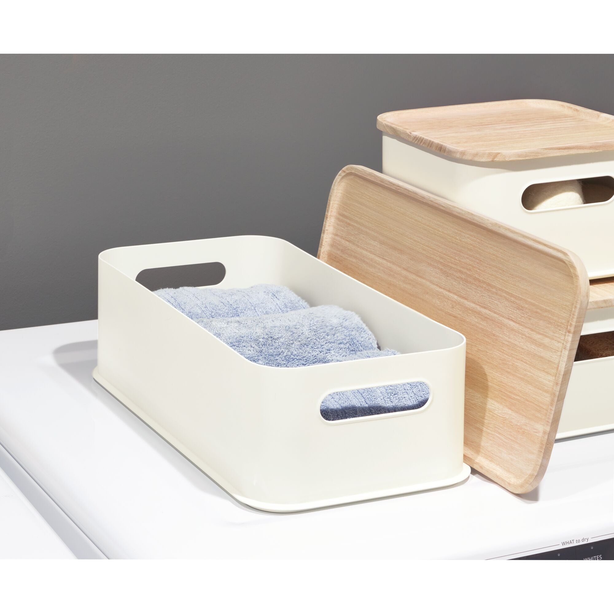 iDesign Plastic Medium Lidded Storage Bin with Handles. Wood/Coconut - Image 11