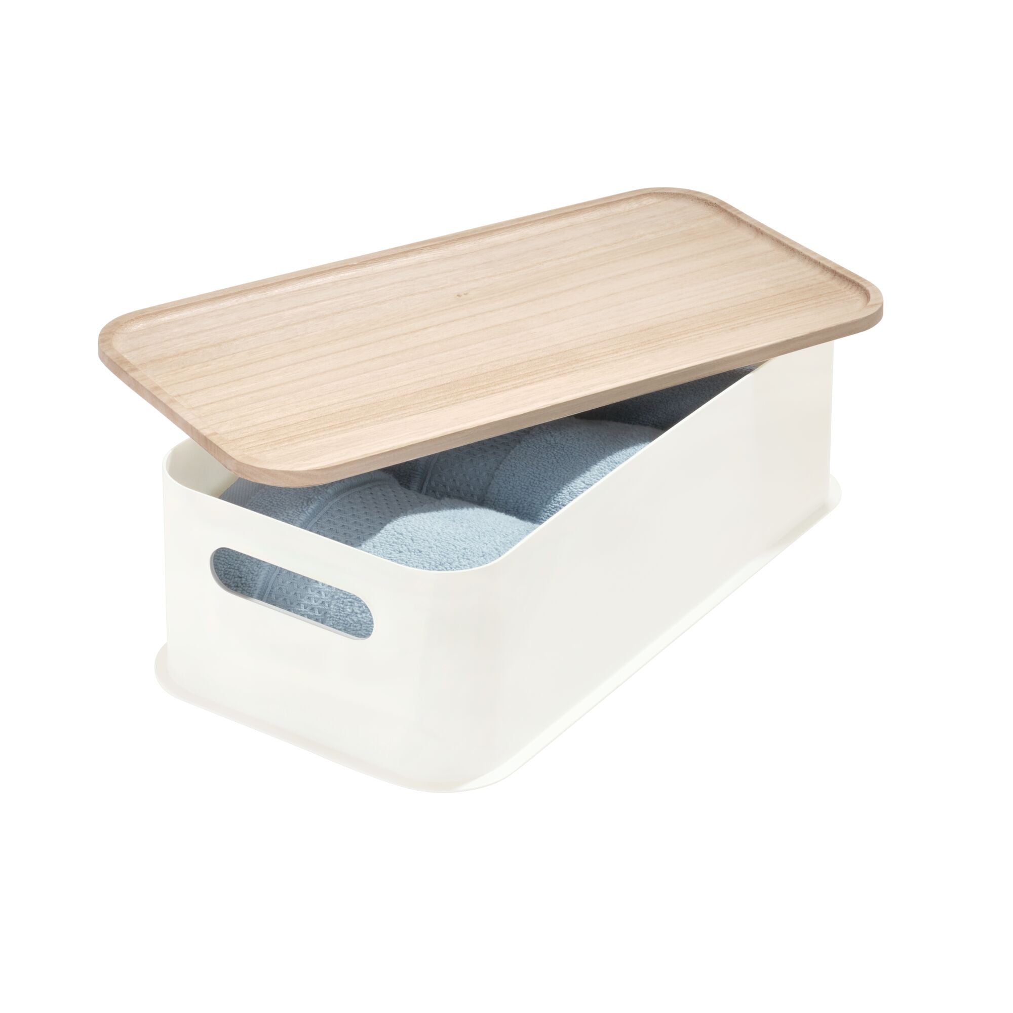 iDesign Plastic Medium Lidded Storage Bin with Handles. Wood/Coconut - Image 9