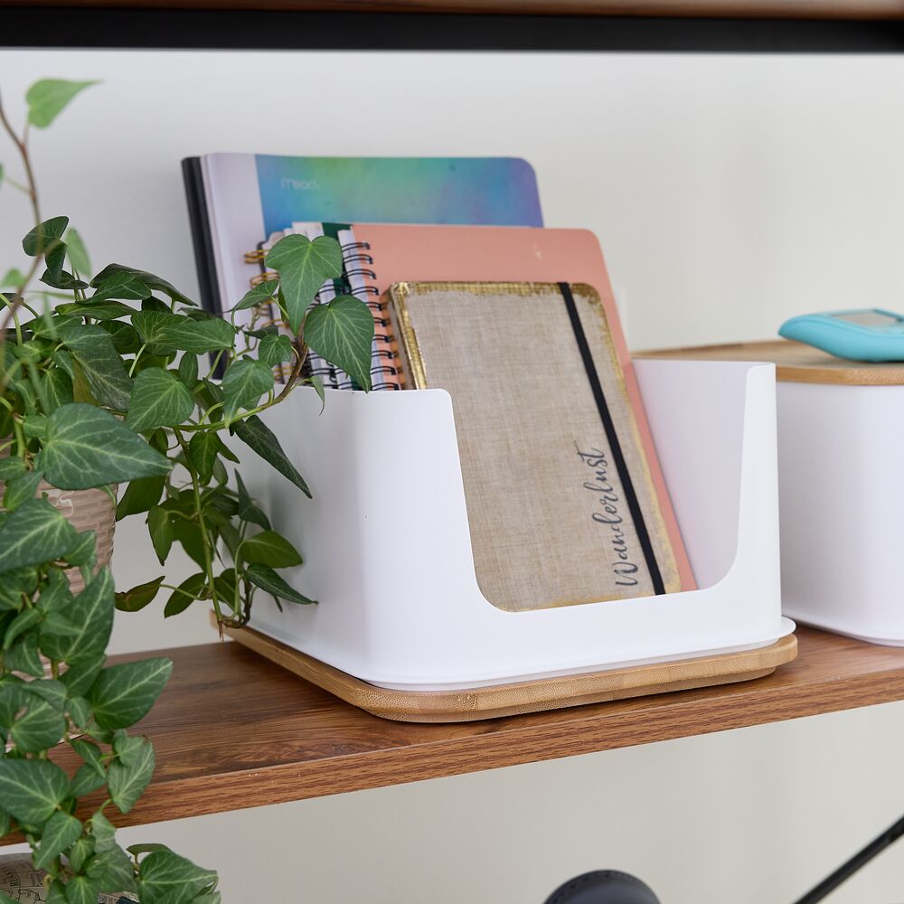iDesign Recycled Plastic Open Front Storage Bins with Handle and Bamboo Lid. Coconut - Image 4