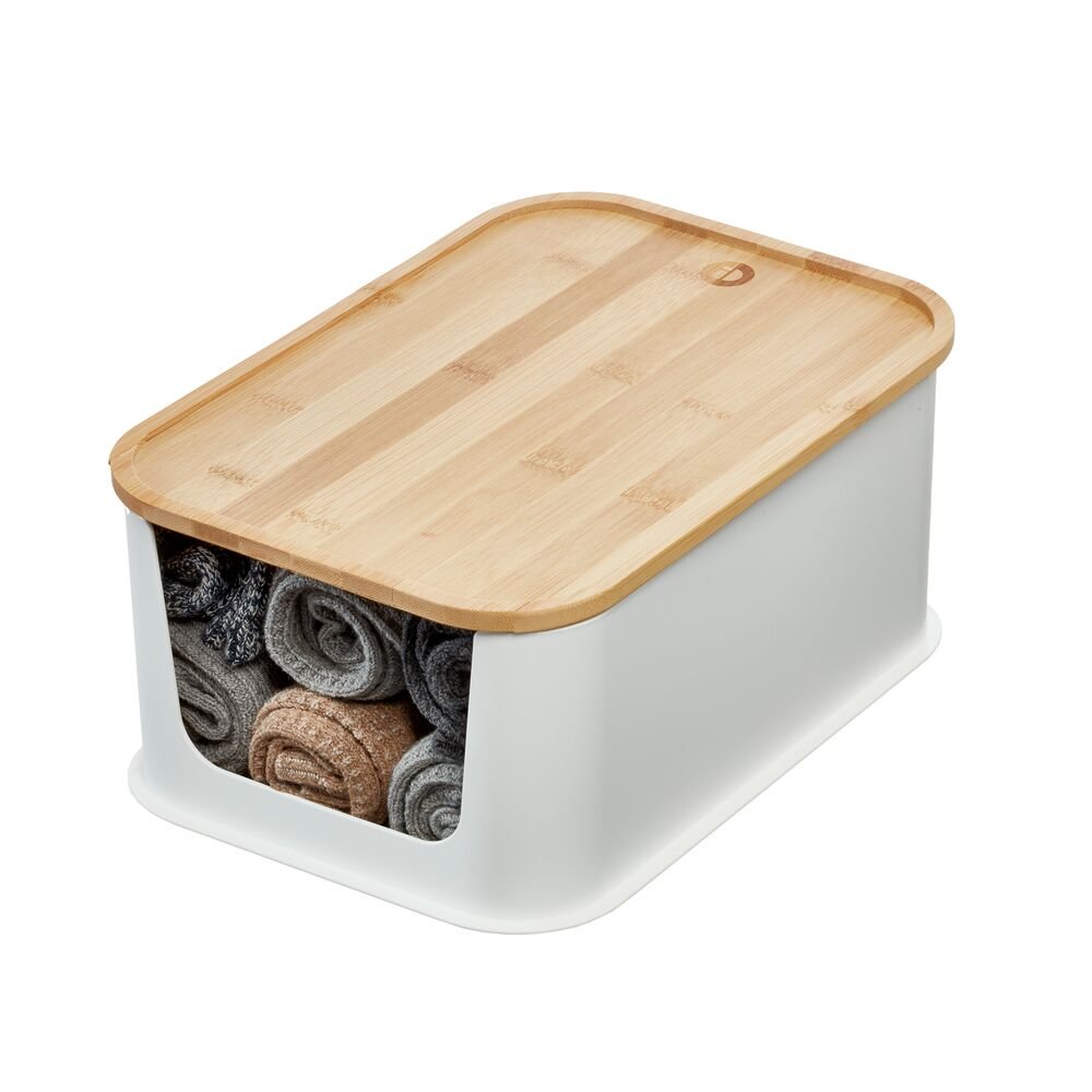 iDesign Recycled Plastic Open Front Storage Bins with Handle and Bamboo Lid. Coconut