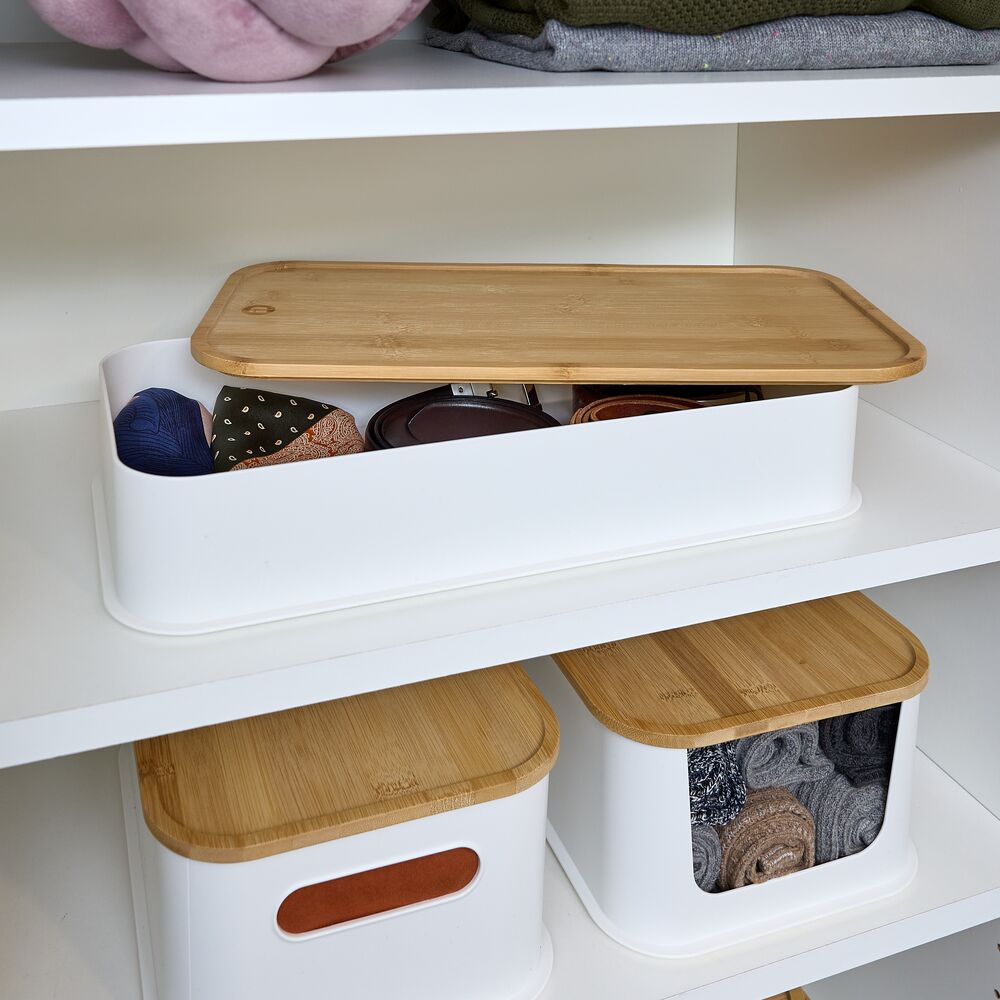 iDesign Recycled Plastic Open Front Storage Bins with Handle and Bamboo Lid. Coconut - Image 25