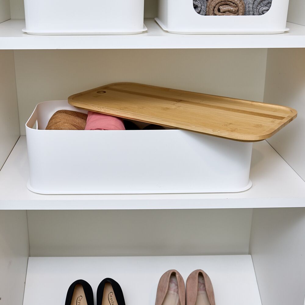 iDesign Recycled Plastic Open Front Storage Bins with Handle and Bamboo Lid. Coconut - Image 29