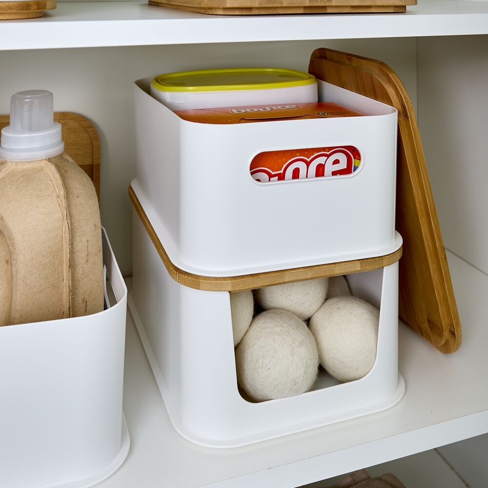 iDesign Recycled Plastic Open Front Storage Bins with Handle and Bamboo Lid. Coconut - Image 16