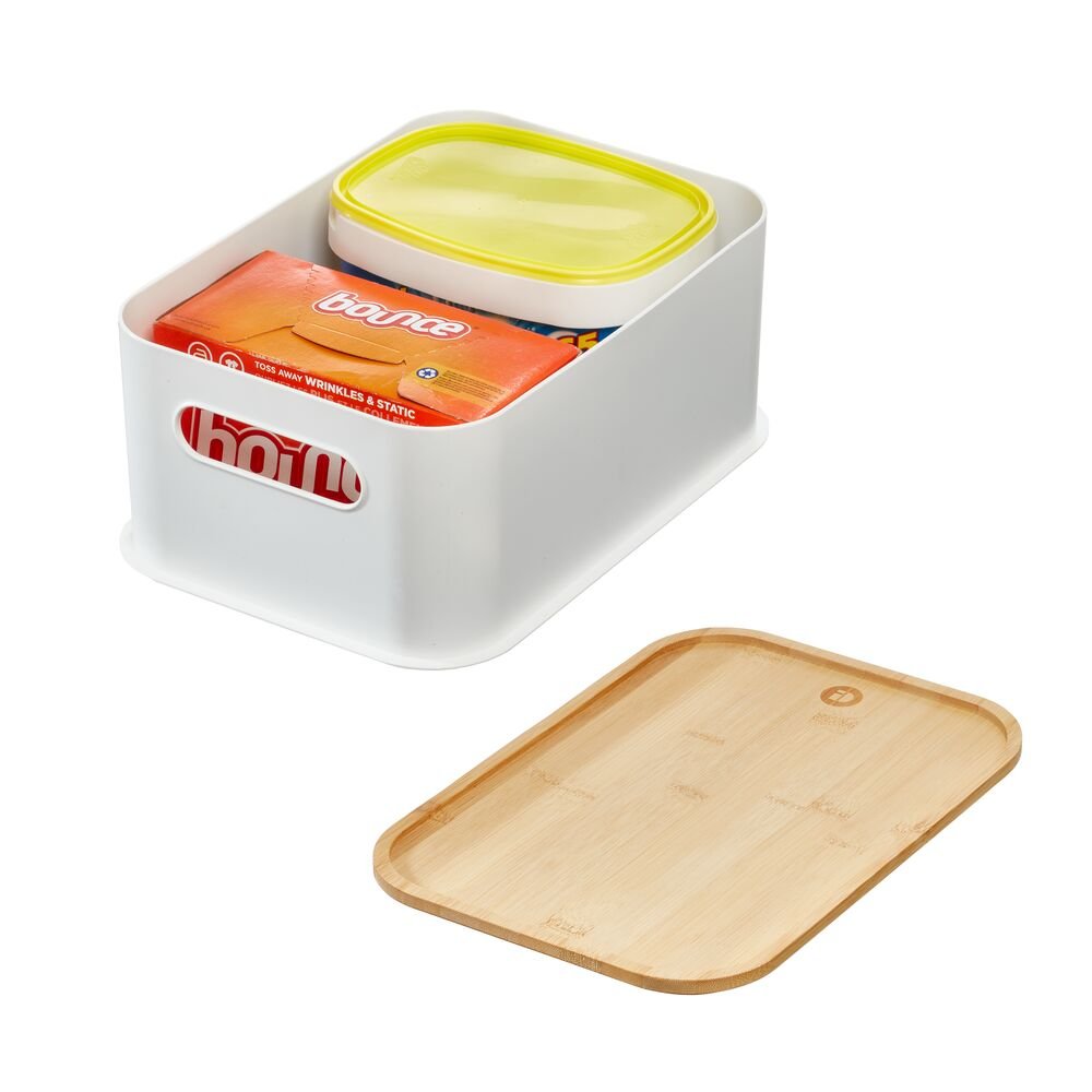 iDesign Recycled Plastic Open Front Storage Bins with Handle and Bamboo Lid. Coconut - Image 15